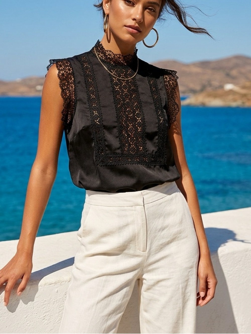 Yigal Azrouel Black Lace-Trim Sleeveless Tunic